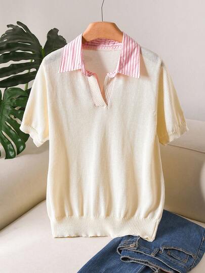 CosyJoli Blusa de punto de estilo francés elegante y casual con parches, adecuada para vacaciones, ir al trabajo y uso diario, de manga corta, talla grande