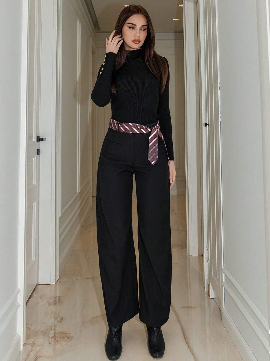 Bris Aura 2025 女士休闲黑色宽松喇叭裤配条纹腰带 - 黑色 - 查看 1