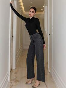 Bris Aura Chaebol Heavy Industry 女款黑色水钻装饰直筒牛仔裤 - 黑色 - 查看 5