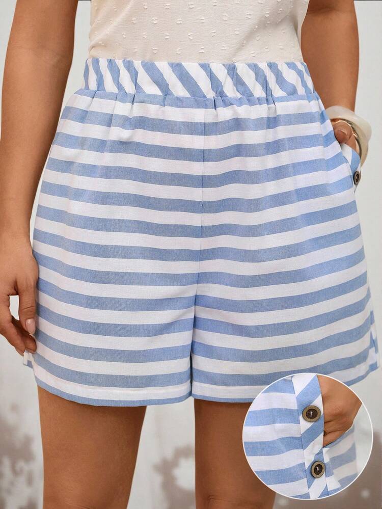 Plus Size Women's Blue And White Striped Shorts,Summer Boho Vacation Holiday Beach Casual Shorts With Pockets,Daily Wear Versatile Spring Short