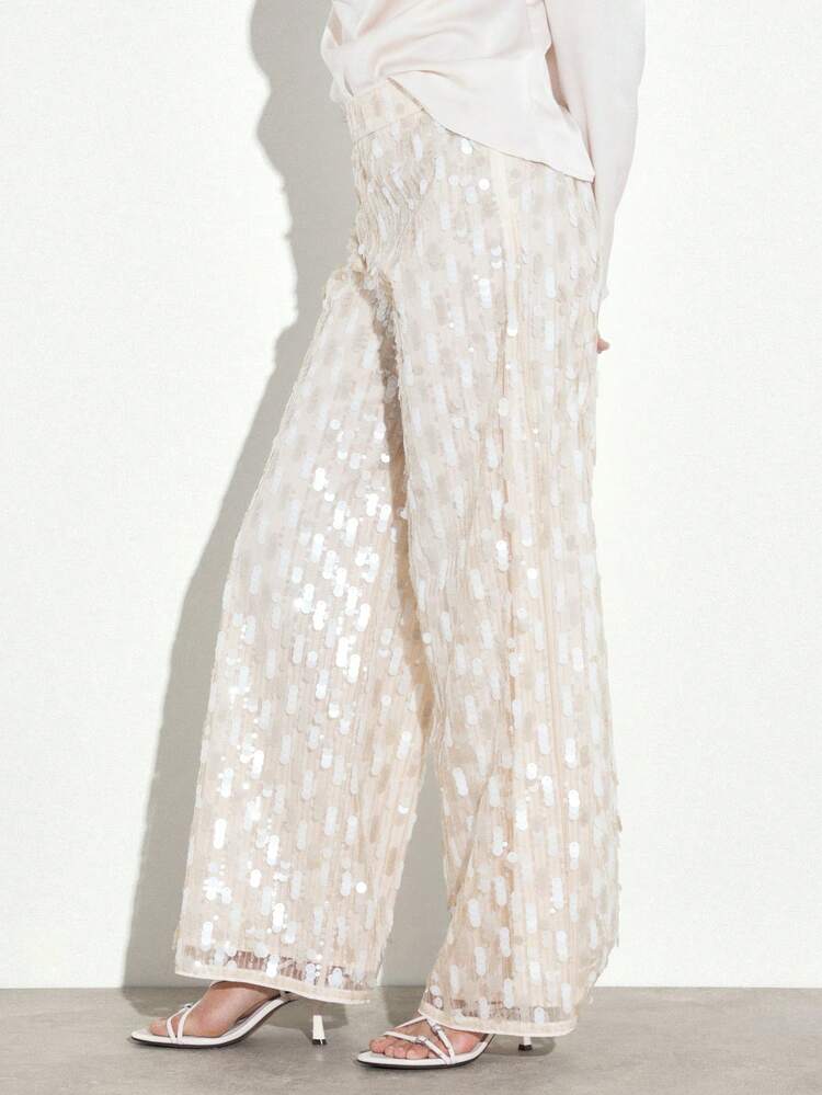 KSTM Women's Wide Leg Sequin Pants High Rise Palazzo Trousers With Sparkly Embellishment For Party Evening Occasions