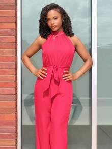 Steph T 度假高领开叉哈伦连体裤带口袋 - E 勃艮第连体裤红色连体裤女装度假连体裤红色连体裤 - 酒紅色 - 查看 3