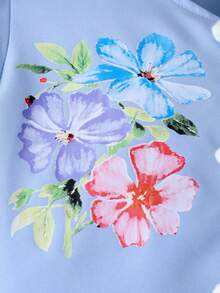 SHEIN 2pcs/Set Girls' Elegant Vacation Style Shirt & Skirt Set, Solid Color Puff Sleeve V-Neck Shirt And Short Skirt Set, Floral Print Pattern With Flower Design, Suitable For Spring/Summer Vacation, Travel, Beach - Baby Blue - View 7