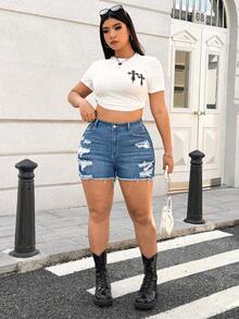 SHEIN ICON 大码水洗做旧磨边牛仔短裤，休闲夏装 - 淺色水洗藍 - 查看 3
