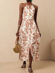 Vesra Women's Ivory Base Khaki Vacation Bestselling Floral Halter Waist Metallic Decor A-Line Vacation Dress - Multicolor - View 1