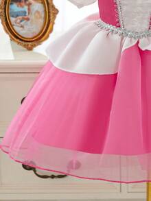 SHEIN Glamorique Kids 女婴公主薄纱连衣裙，玫瑰红网纱连衣裙，宝石装饰，生日派对婚礼节日正式礼服，泡泡袖，可爱奢华正式礼服，四季皆宜，袖口带装饰 - 玫紅色 - 查看 5