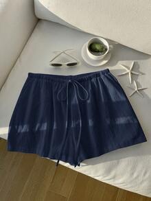 Comfortcana Plus Size Casual Loose Drawstring Solid Color Comfortable Shorts, Spring/Summer - Navy Blue - View 9