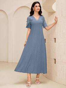 Lacomfia V-Neck Contrast Lace Textured Knit Mid-Length Dress For Women - Blue - View 4