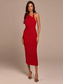 COSMINA Women's Elegant Metal Buckle Neck Long Dress, Versatile For Commuting, Office, Spring Date, All-Match - Red - View 7