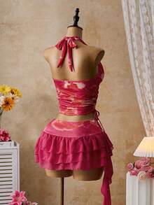 Femesol 两件套度假粉色印花露背吊带不对称上衣搭配迷你印花裙，尽显优雅气质，适合锐舞派对、音乐节、街头风、演唱会、夜店、约会、生日派对、派对必备、基础款、外出、休闲针织、亮面等场合，也是毕业季的理想之选。 - 彩色 - 查看 3