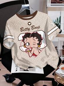 Betty Boop x SHEIN Women's Letter & Leopard Print Short Sleeve Casual T-Shirt, - White - View 1