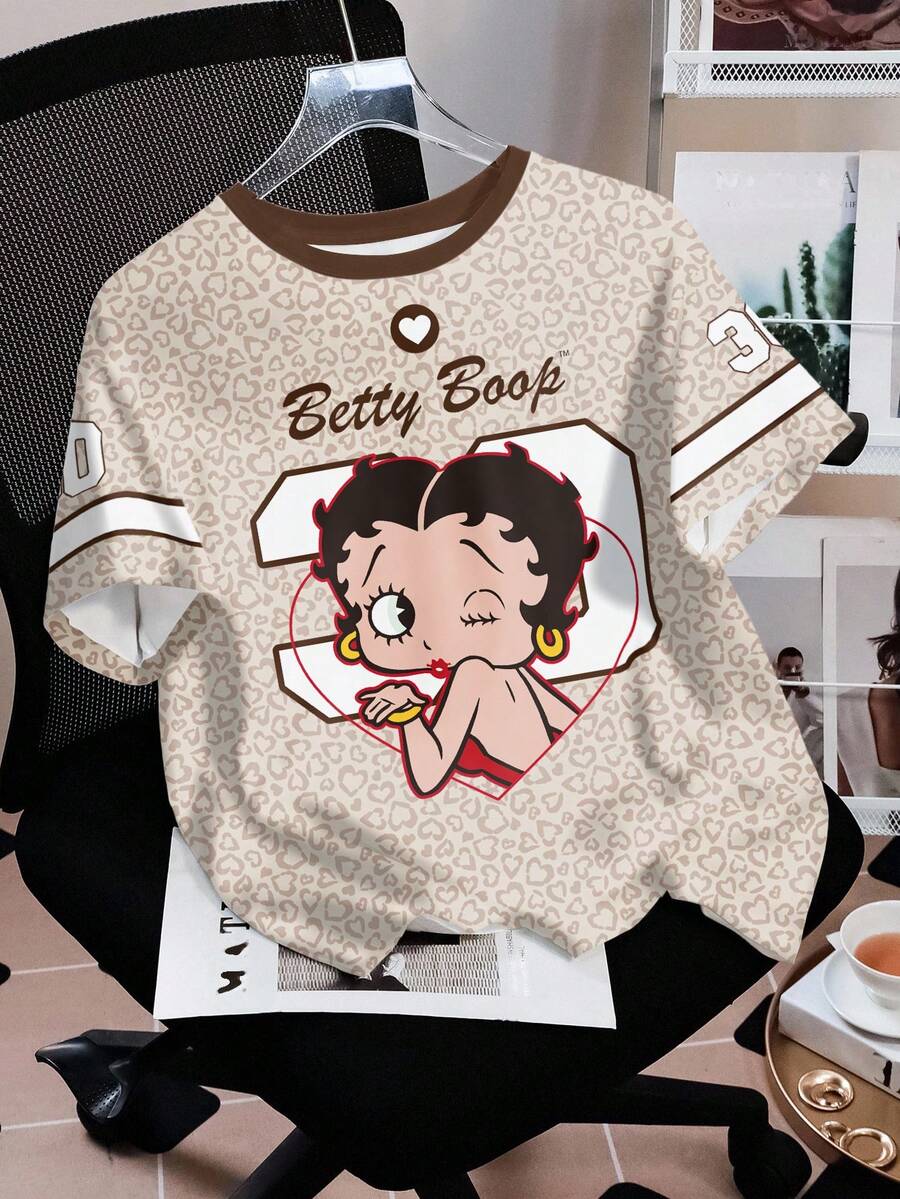 Betty Boop x SHEIN Women's Letter & Leopard Print Short Sleeve Casual T-Shirt, - White - View 1