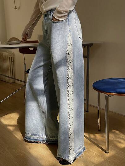 DAZY Women's Patchwork Colorblock Floral Trim Loose Wide Leg Pants, Casual Holiday Summer Jeans