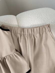 SHEIN 少女蝴蝶装饰撞色滚边休闲无袖衬衫和阔腿裤两件套 - 卡其色 - 查看 8