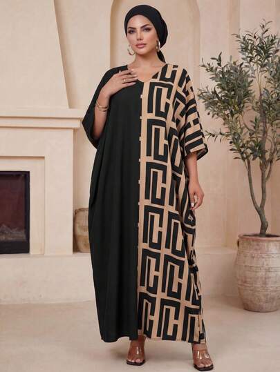 SHEIN Lady CURVE 大码 V 领长袖纯色拼布宽松休闲连衣裙，夏季