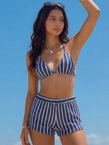 SHEIN 3pcs/Set Bohemian Style Crochet Fabric Drawstring Bikini Set With Cover Up For Teen Girls - Multicolor - View 3