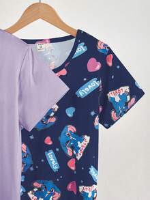 Girls'2-Piece Set Cute Purple Rabbit Print Nightgown,Navy Blue Allover Bunny Pattern Short Sleeve Long Sleep Dress,Summer Comfortable Home Wear - Purple - View 4
