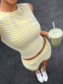 Muchica 女士黄色条纹针织背心和短裤两件套 - 黃色 - 查看 4