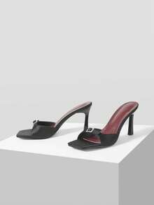 MUSERA Sandalias de tacón alto para mujer, nuevas para primavera y verano, de estilo elegante y de moda, con hebilla de metal y rhinestones, para uso en fiestas, con punta cuadrada y tacón fino - Negro - Ver 2