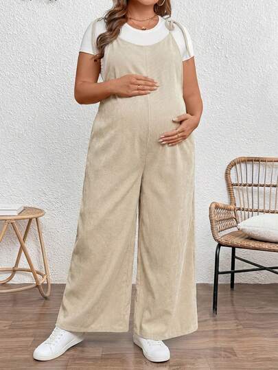 SHEIN Plus Size Pregnant Women's Solid Color Twist Shoulder Casual Wide Leg Jumpsuit