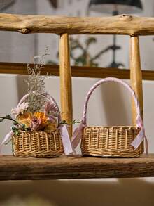 1PC Woven Hand Held Flower Basket Rattan Storage Basket With Bow Decorative Practical Floral Arrangement Container Wicker Picnic Centerpiece For Birthday Wedding Party Favor Home Decor Table Decoration Gift Giving Versatile Organizer - pink - View 2