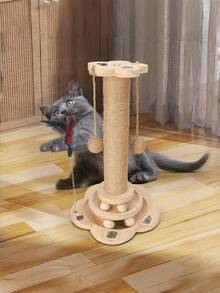 1PC Tall Wooden Multifunctional Cat Scratching Post Two Level Track Ball Interactive Feather Toy Hanging Balls Durable Mess Free Indoor Cats Kittens Adults Pet Supplies - Brown - View 3