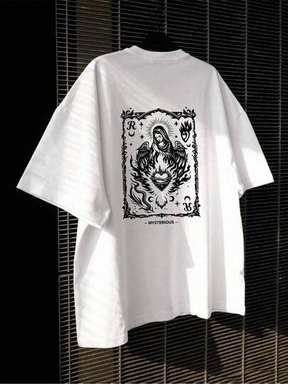 Manfinity Roghcode 男士圆领短袖T恤，饰有天使与火焰爱心图案，时尚百搭，适合日常穿着。