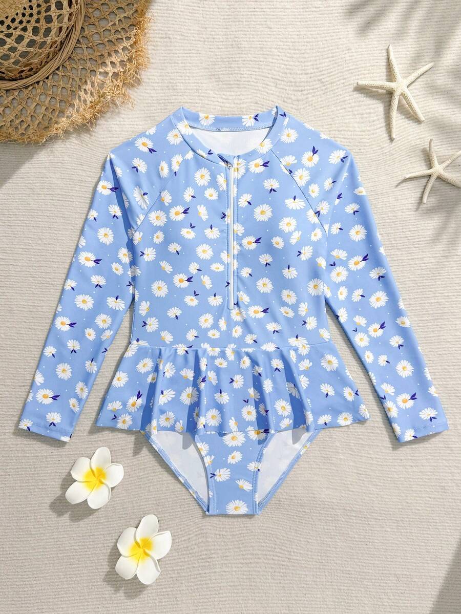 SHEIN 少女碎花荷叶边长袖连体泳衣,适合游泳、度假、夏季穿着 - 藍色 - 查看 1