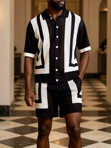 Genlund 男士度假休闲撞色镂空针织上衣和短裤套装 - 彩色 - 查看 7