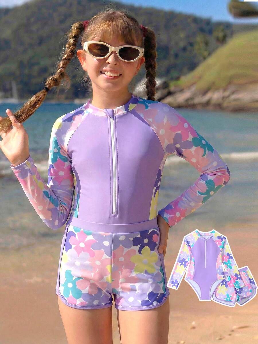 SHEIN New Fashion Girls Printed Patchwork Swimsuit Set - Purple - View 1