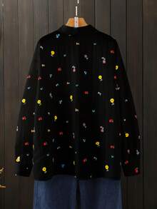 Linhara Áo sơ mi cỡ lớn in họa tiết hoa nhí mùa xuân & thu mới, thích hợp mặc đi làm hoặc đi nghỉ mát. - màu đen - Xem 2