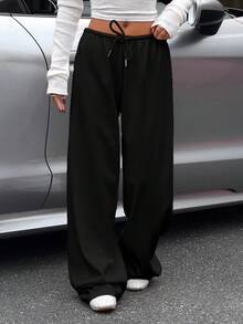 Muchica Pantalones de chándal de pierna ancha de punto negro para mujer - Negro - Ver 3