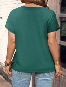 EMERY ROSE Plus Size V-Neck Button Striped Short Sleeve T-Shirt, Loose Fit, 2025 New Arrival - Green - View 2