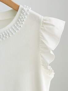 Franclia 女士优雅圆领短袖纯色常规版型珍珠装饰白色上衣，女士常规T恤，女士圆领短袖T恤，优雅纯色夏季上衣，女士优雅上衣，女士优雅休闲短袖上衣，女士度假上衣，白色T恤，白色珍珠装饰T恤，串珠浪漫短袖上衣 - 白色 - 查看 5