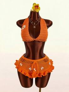 Amplova 2026 New Women's Low Waist Knitted Hollow Out Lace Trim Mini Shorts - Orange - View 1