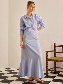 CasuGlow Women's Striped Single-Breasted Long Sleeve Top And Floral Decor A-Line Skirt Suit, Fashionable For Commuting And Outings - Blue and White - View 2