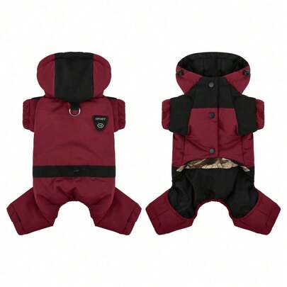 Fashionable Pink & Black Dog Snowsuit With Hood - Waterproof, Warm Jumpsuit For Small Dogs, Perfect For Winter Walks And Outdoor Activities With Leash Hole Design Pet Apparel Winter Warm Dog Jacket