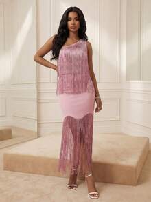 Anewsta 女士新款性感莲花粉色流苏单肩上衣，优雅精致，适合宴会、派对、生日、舞会等场合。 - 藕粉色 - 查看 1