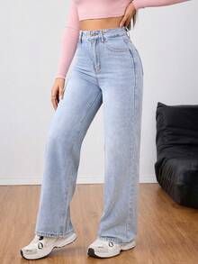 Rivivi Quần jeans ống đứng cạp cao dáng suông, chất liệu wash, cỡ lớn, kiểu dáng thường ngày. - Rửa nhẹ - Xem 5
