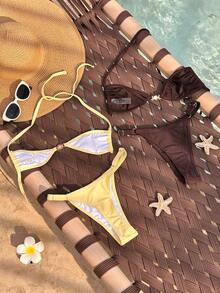 Costavie Bộ bikini 4 món buộc dây cổ trang trí vỏ sò - Nhiều màu - Xem 6