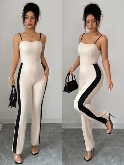 Franclia This Elegant Black And Apricot Color-Blocked Slim-Fit Jumpsuit For Women Features A Fitted Waist, Hip Coverage, And A Sexy Halter-Neck Design, Perfect For Spring And Summer. Suitable For Parties, Gatherings, And Other Occasions. Also Suitable For Formal Occasions, Commuting, Office Wear, Social Events, And The Workplace. Features Include A Contrasting Color Design, A Slimming Effect, And A Versatile And Stylish Look. The Stretchy Fabric Adds A Touch Of Sophistication. Ideal For Graduation Season, Fashionable Casual Commuting, Business Office Wear, Multi-Functional And Stylish Everyday Casual Wear, Urban Teacher's Professional Attire, And Spring/Summer Outfits. Apricot Jumpsuit.Graduation Season Attire, Fashionable Casual Commuter Wear, Business Office Wear, Versatile And Stylish Everyday Casual Wear, Urban Teacher's Professional Attire