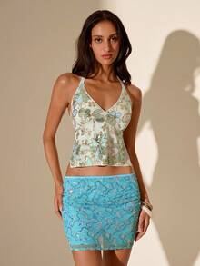 SHEIN Glamour Women's Sequin Design Fashion Mesh Bodycon Mini Skirt, Suitable For Party & Holiday - Baby Blue - View 6