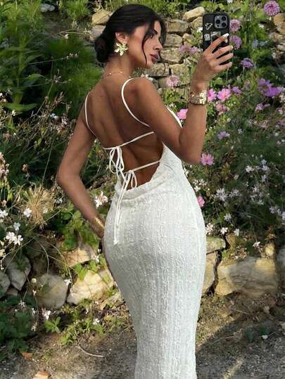 Firerie Women's Elegant Textured Elegant White Open Back Maxi Dress For Women With Delicate Floral Textured Fabric And Adjustable Straps Perfect For Summer Events,White Sexy Dress Women,White Backless Dress,Suitable For Spring/Summer, Beach, Commute, Elegant, Sexy, Vacation, Beach, Boho, Hawaii, Date, Party, Concert, Performance, Wedding Season, Music Festival, Graduation Ceremony, Prom,Wedding