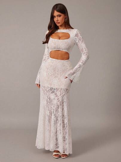 Radiana 女士性感优雅浪漫白色蕾丝修身鱼尾连衣裙，高弹蕾丝连衣裙，白色正式礼服，长裙，约会连衣裙，度假连衣裙，婚礼宾客连衣裙，伴娘连衣裙，节日服装