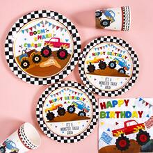 Black And White Plaid Mountain Bike Disposable Plates, Napkins And Cups Set, Serves 20 Guests. This Disposable Party Supplies Set (Including Plates, Napkins And Cups) Is Perfect For Birthday Parties, Weddings And Family Picnics. - View 4
