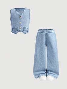 SHEIN 两件套少女浅蓝色牛仔无袖背心和宽松裤子套装 - 淺色水洗藍 - 查看 6