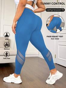 Rhythm Era High Waist Mesh Patchwork Slimming Lifting Sports Leggings With Side Pockets - Sky Blue - View 2