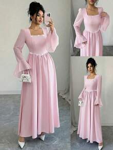 SHEIN Elenzya 女士粉色新款方领珍珠装饰A字腰部喇叭袖甜美浪漫优雅约会派对正式长裙 - 粉色 - 查看 1