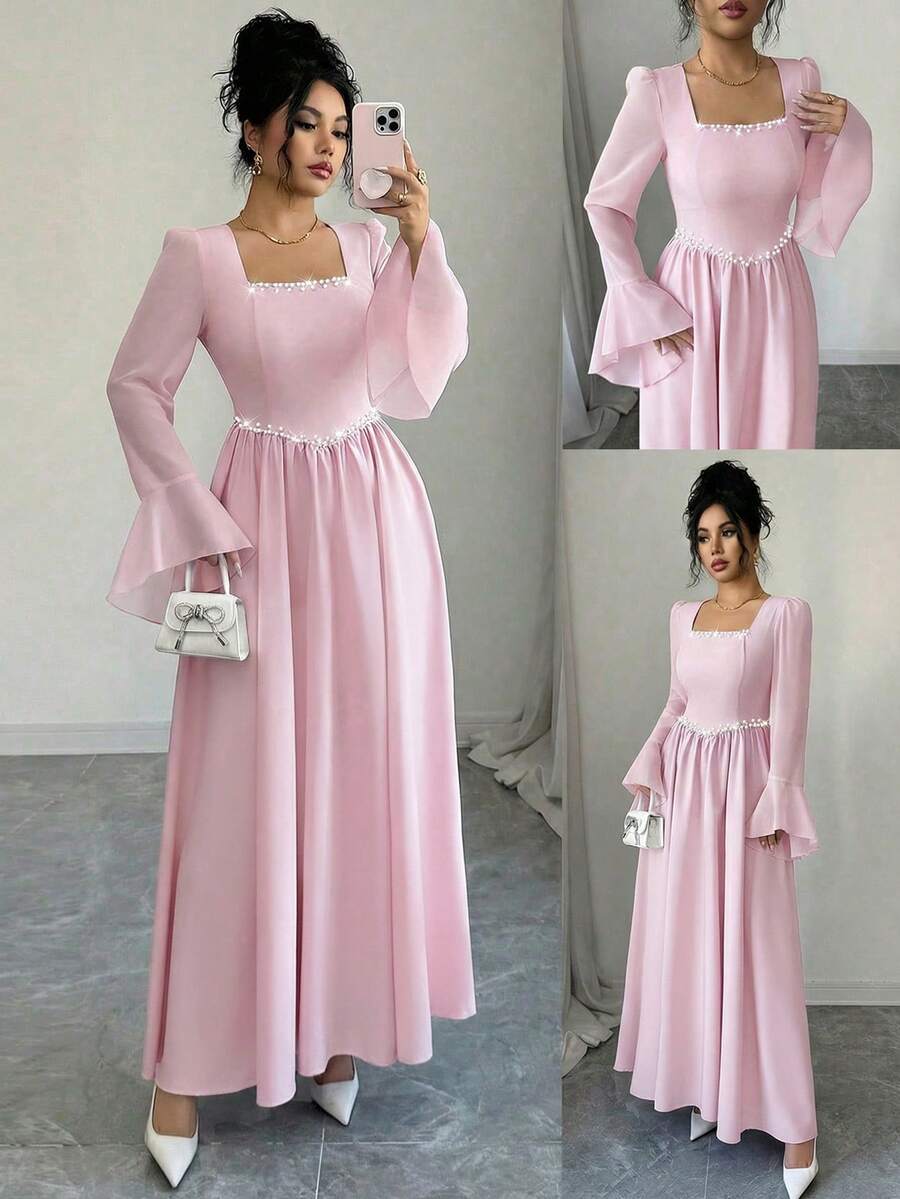 SHEIN Elenzya 女士粉色新款方领珍珠装饰A字腰部喇叭袖甜美浪漫优雅约会派对正式长裙 - 粉色 - 查看 1