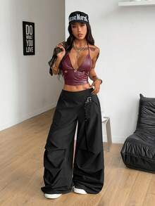 Coolane 女士黑色梭织阔腿低腰裤 - 黑色 - 查看 5